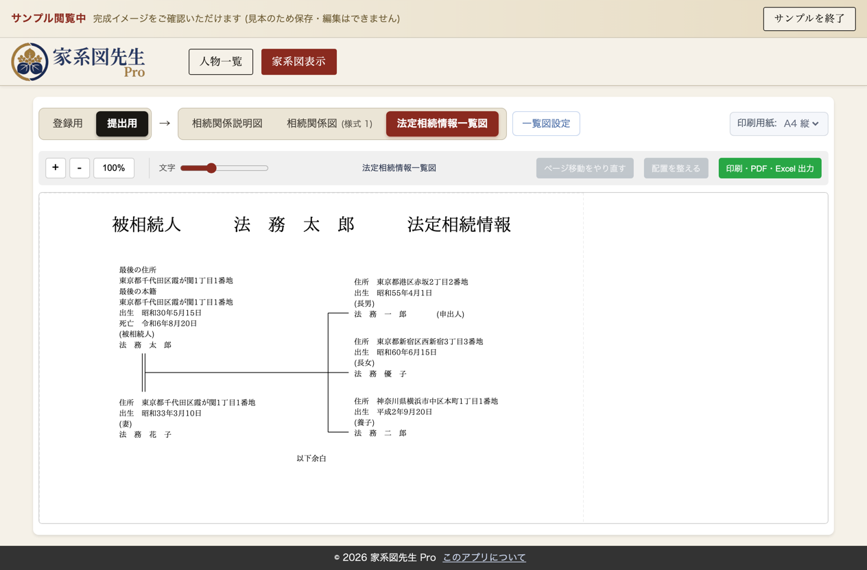 法定相続情報一覧図 (法務局申請用) の実アプリ画面サンプル (法務太郎家、申出人は法務一郎、配偶者 + 実子 2 名 + 養子 1 名)