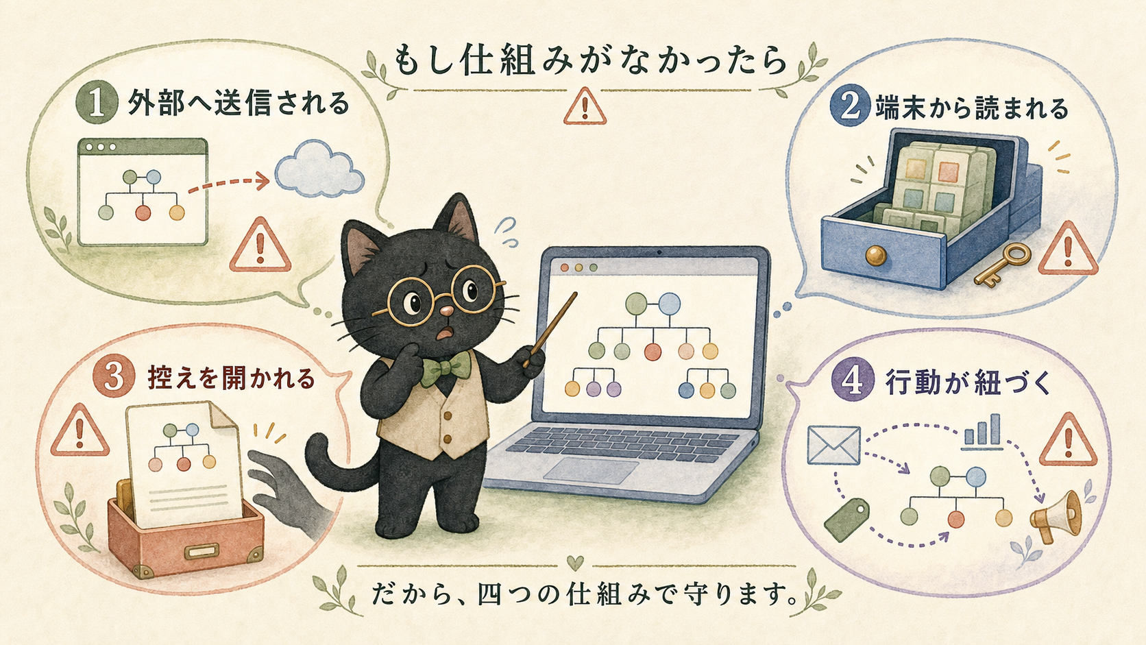 守る仕組みがない場合に起きる四つのリスク。 1: 家族情報が外部へ送信される。 2: 端末から中身を読まれる。 3: 控えのファイルを開かれる。 4: 利用者の行動が紐づけられる。 困った表情の黒猫先生のイラスト
