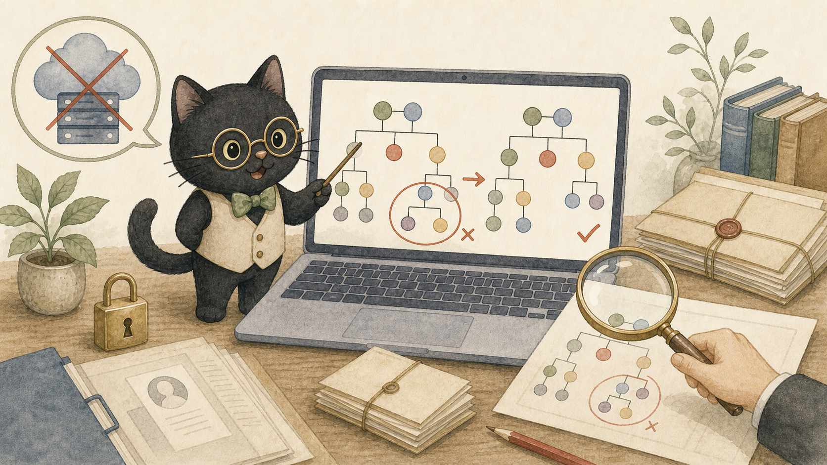 端末内で家族関係の図の誤りを確認し、外部サーバーへ送らないことを表した図