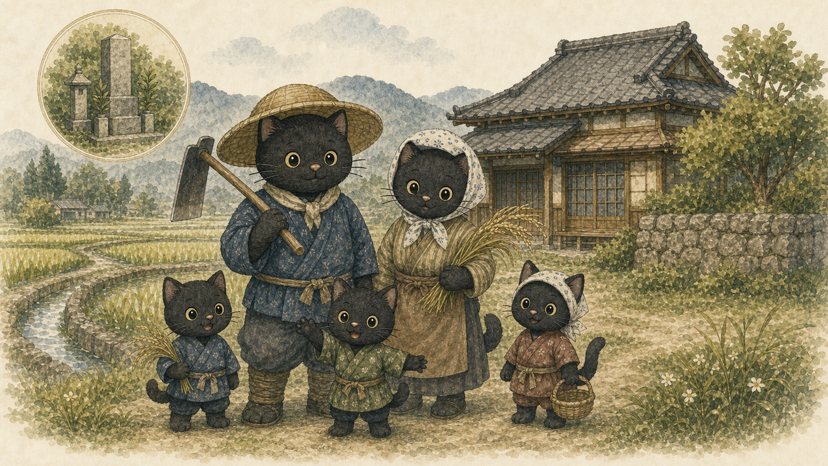家系図先生の先祖を表す農家の黒猫の夫婦と子どもたちが、古い農家と田んぼの前に立っている図
